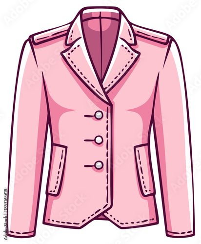 A stylized illustration of a classic pink women's blazer with double breasted buttons and lapel collar