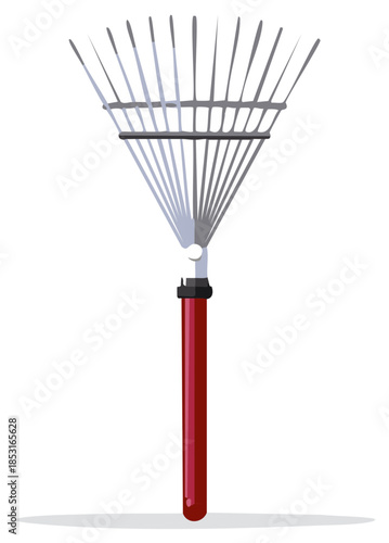 Garden leaf rake with a red handle for fall cleanup and yard work, isolated vector illustration