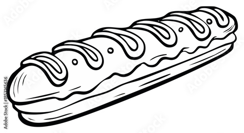 Delicious long pastry with creamy filling and chocolate drizzle line art illustration