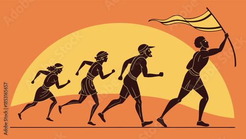 Vector illustration group of people running towards the sun with a flag
