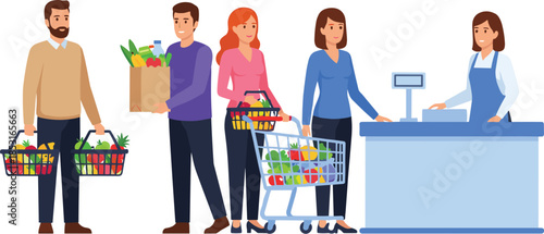 Flat vector illustration of diverse people standing in line at a grocery store checkout counter with shopping baskets.