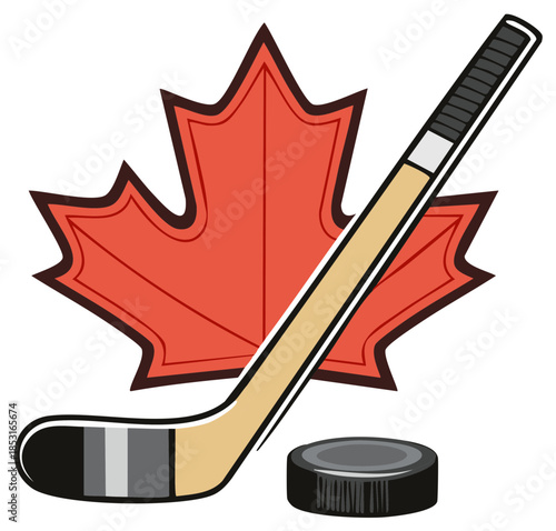 Canadian Hockey Stick and Puck with Maple Leaf Emblem