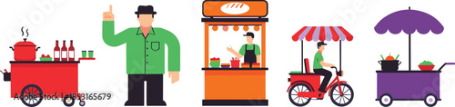 Set of street food market vendors and mobile carts featuring soup stall bakery kiosk and fruit delivery bicycle.