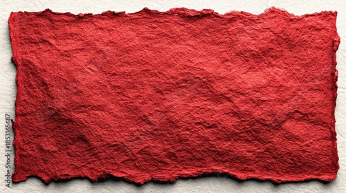 Red handmade paper with torn edges resting on a textured surface, presenting a rough, fibrous appearance and a flat, rectangular shape