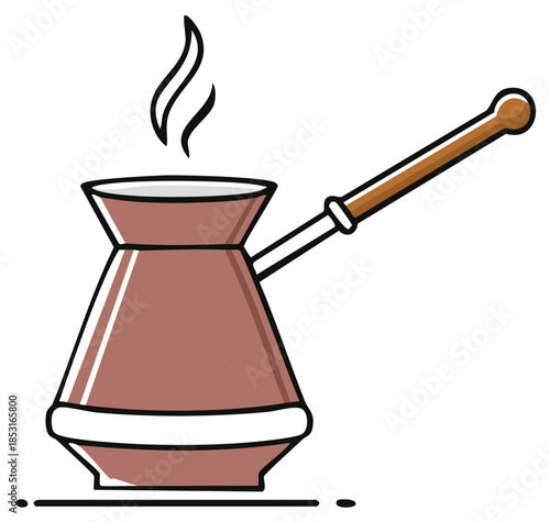 Steaming Turkish coffee pot cezve illustration. Traditional hot beverage brewing in an ibrik vector icon.