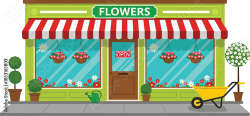 Green flower shop storefront vector illustration with striped awning decorative hanging plants wheelbarrow and spring gardening tools isolated.