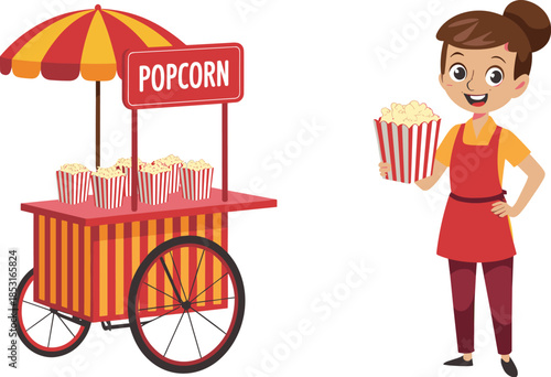 Popcorn stall vector illustration with female vendor character and vintage red and yellow striped cart for carnival festivals.