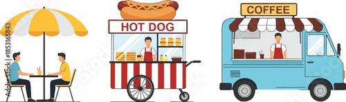 Set of street food vector illustrations featuring people at a cafe table hot dog stand and coffee truck.