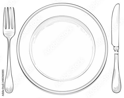 Classic dinner plate place setting with fork and knife elegant simple line art illustration