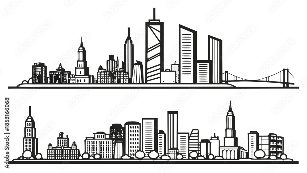 Fototapeta premium Vector illustration black and white illustration of new york city skyline with skyscrapers