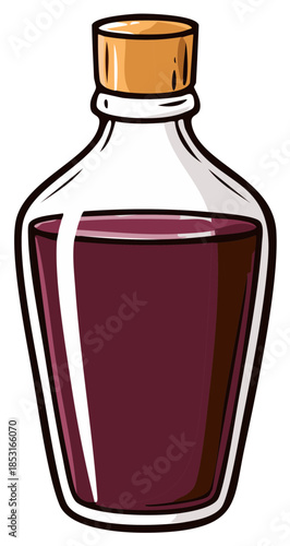 Illustration of a glass bottle filled with purple liquid, sealed with a cork.