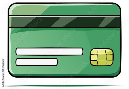 Vibrant green cartoon banking card featuring secure chip and magnetic stripe for digital payments
