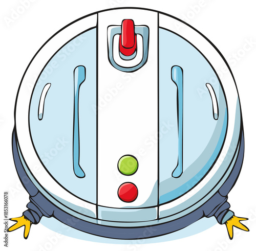 Cartoon robotic vacuum cleaner with playful yellow feet and red power button