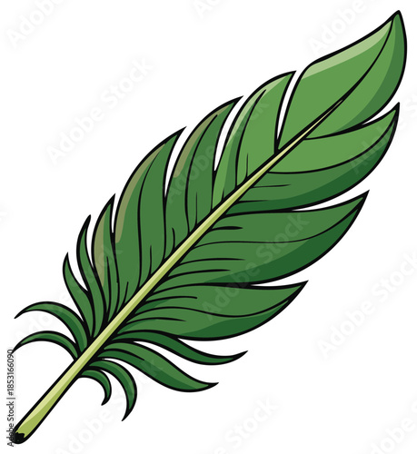 Green feather illustration, simple cartoon style, isolated on white background