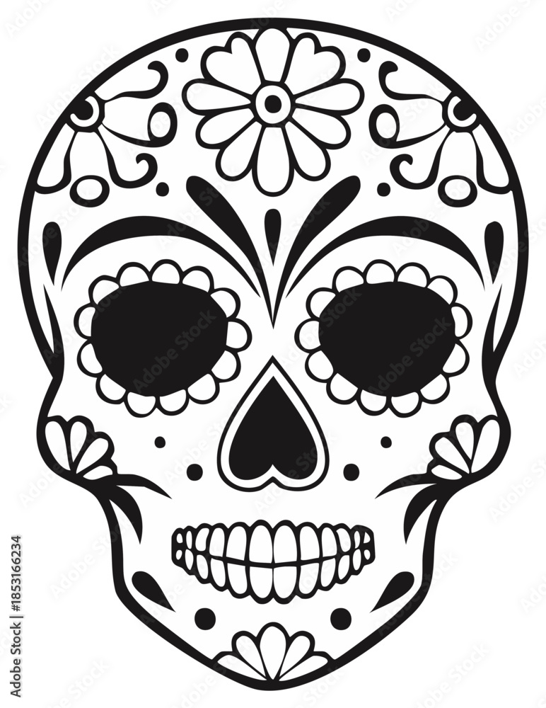 Fototapeta premium Traditional Mexican Sugar Skull Decorated with Floral Patterns and Swirls