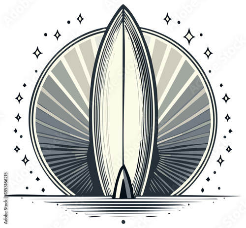 Surfboard Graphic on Water with Sun Rays Radiating Outward and Star Accents, Vector Art