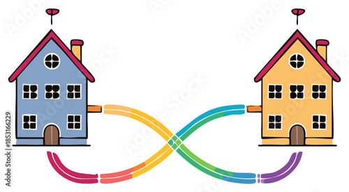 Connected Homes with Rainbow Link Symbolizing Unity and Cooperation Between Two Dwellings