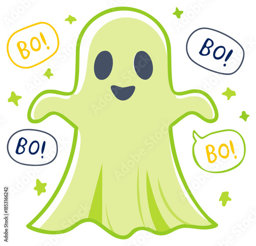 A hand drawn friendly green ghost character saying Bo for a cute Halloween celebration