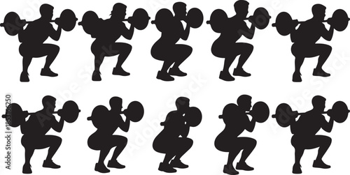 Rows of black silhouettes of men performing barbell squats on a white background weightlifting strength training