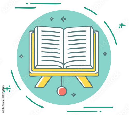 Stylized open book on a yellow stand with a decorative red orb and green line art elements