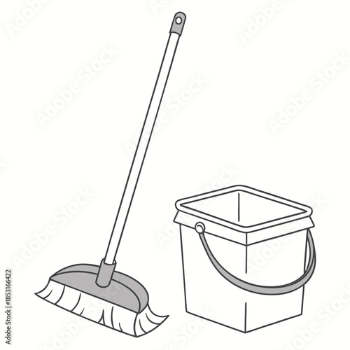Vector illustration broom and bucket in a simple line drawing style