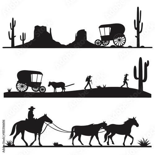Vector illustration a set of three black western silhouettes on a