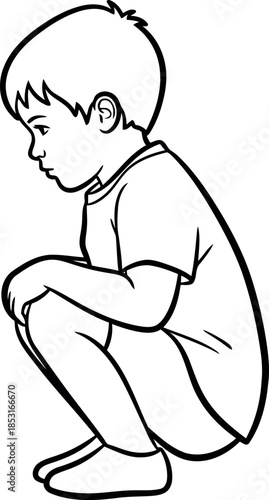 Line Art Illustration of Squatting Boy in Profile, Black and White Outline Drawing for Coloring Books and Education