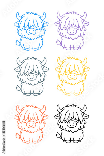 Line Art Cute Cartoon Highland Cow with Different Colors Illustration