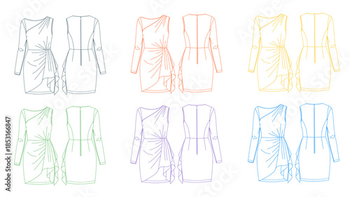 Fashion Flat Sketch One Shoulder Mini Dress Technical Drawing Template