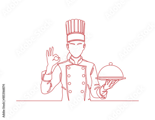 Red line chef in uniform holding serving dish and showing okay gesture line cook top hat.