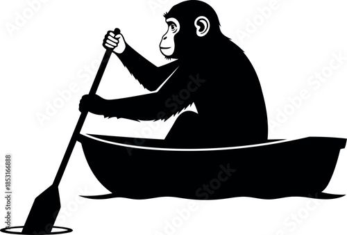 Silhouette of Monkey Rowing Boat Vector Illustration for Adventure and Wildlife Concepts