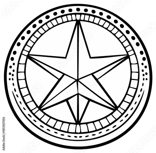 Geometric star emblem inside circle design, black lines