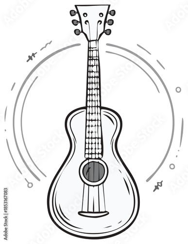 Ukulele drawing illustration, musical instrument with decorative elements in outline