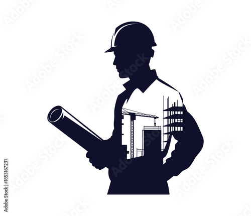 Silhouette of construction worker holding blueprints with cranes and buildings inside.