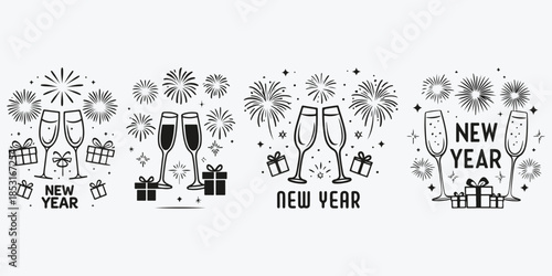 New year concept logo with champagne glasses and presents sketch illustration vector set