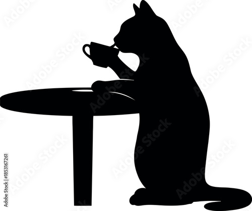 Silhouette of Cat Drinking Tea at Table, Elegant Animal Illustration for Cafe Decor and Design