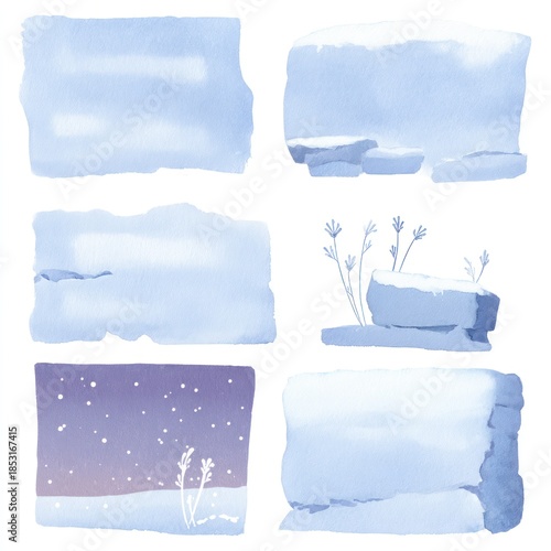 Watercolor snowy landscape design elements set for creative projects