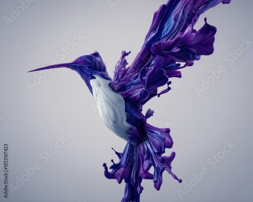 Abstract hummingbird created from flowing paint in vibrant colors on light background
