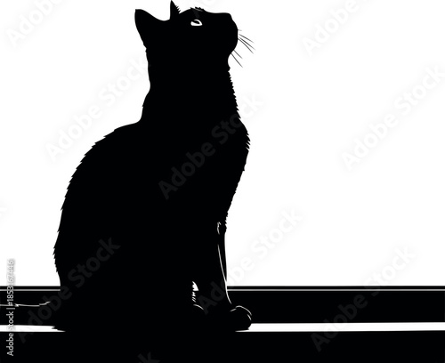 Black Cat Silhouette Sitting on Window Sill Isolated on White Background Minimalist Art