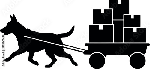 Silhouette of Working Dog Pulling Cart Loaded with Boxes for Delivery and Transport Concepts