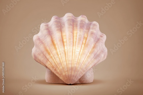 Close up seashell illumination on warm beige backdrop for design elements
