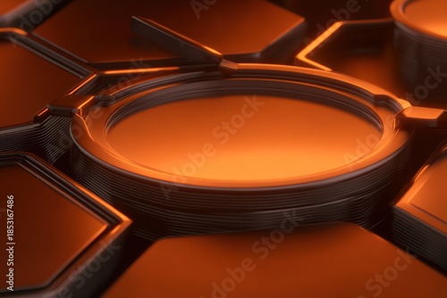 Abstract futuristic design with circular and geometric shapes in orange tones