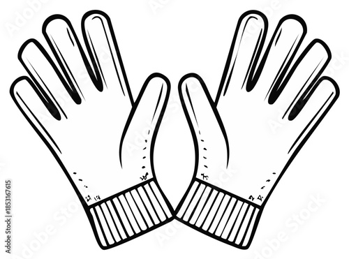 Pair of Hand Drawn Winter Gloves Open Facing Upwards Showing Fingers and Cuffs