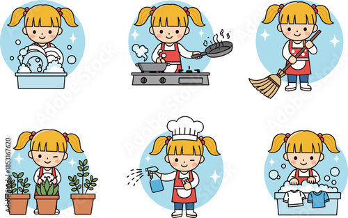 Cartoon girl doing household chores like cooking, cleaning, washing, gardening, cheerful domestic activity set – flat vector illustration