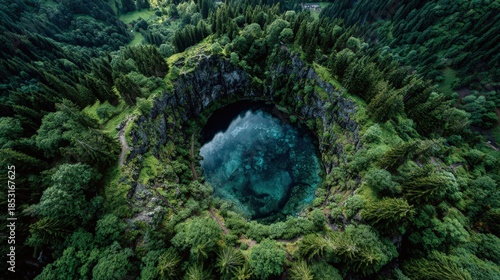 Aerial view of enchanting circular blue lake surrounded by dense green rainforest vegetation in clear day, natural wonder of the world