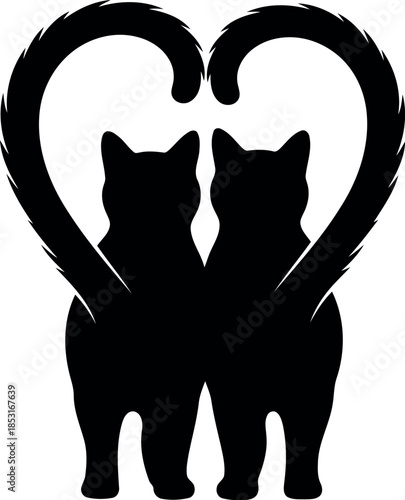 Romantic Cat Silhouette Couple with Heart Shaped Tails Vector for Love and Valentine Designs