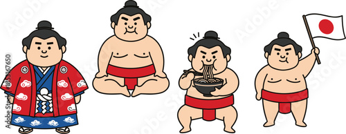 Cartoon sumo wrestlers in traditional attire eating, sitting, standing, holding flag, Japanese culture concept – flat vector illustration