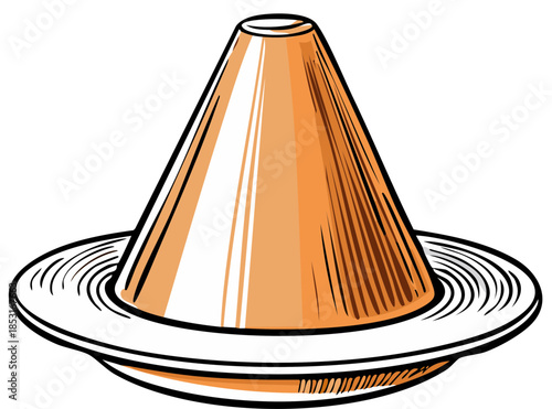 Cone-shaped orange food on a plate, illustration with black outlines and vector graphics, art