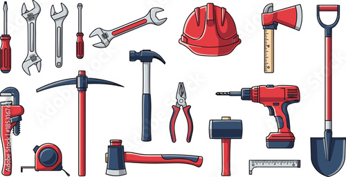 Construction tools set with drill, hammer, wrench, screwdriver, hard hat, tape measure, pliers, shovel – flat vector illustration