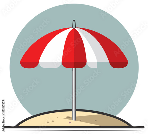 Red and white striped beach umbrella on the sand, a summer vacation cartoon vector icon